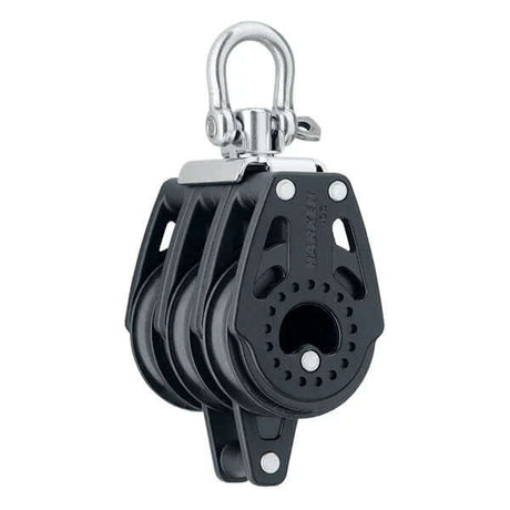 Poulie Carbo triple Ringot 40 mm vue de côté avec système d'attache en acier inoxydable.