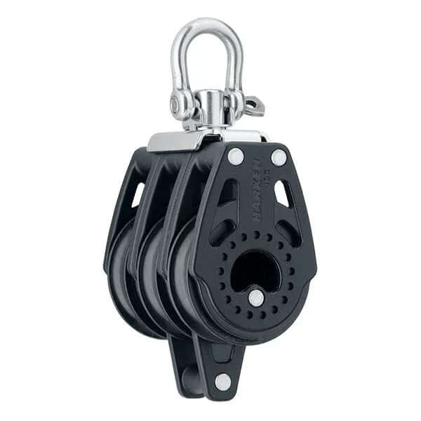 Poulie Carbo triple Ringot 40 mm vue de côté avec système d'attache en acier inoxydable.
