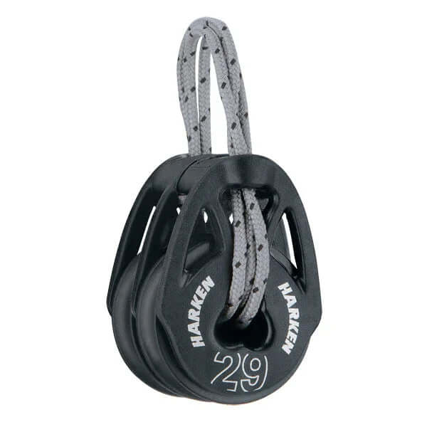 Poulie nautique double 29 mm Harken avec cordage, idéale pour les manoeuvres nautiques.