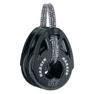 Poulie double T2 lashing 57 mm avec cordage, spécifications techniques, dimension de réa 57 mm, poids 107,5 g.
