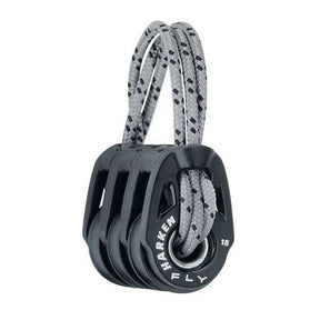 Poulie triple FLY 18 mm avec cordage noir et gris, conçue pour une maniabilité optimale et une haute résistance.