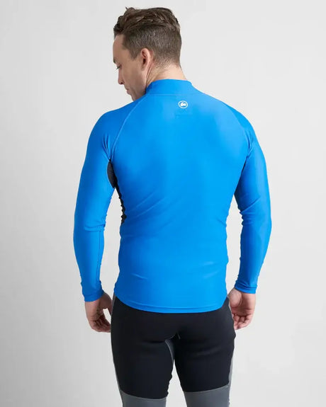 Rash Top-Long Sleeved view from the back, featuring a blue technical fabric design and long sleeves.