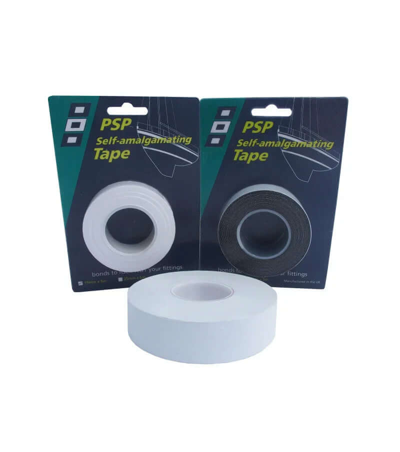 Ruban auto-amalgamant EPR de PSP Marine Tapes, en blanc et noir, pour solutions d'étanchéité efficaces.