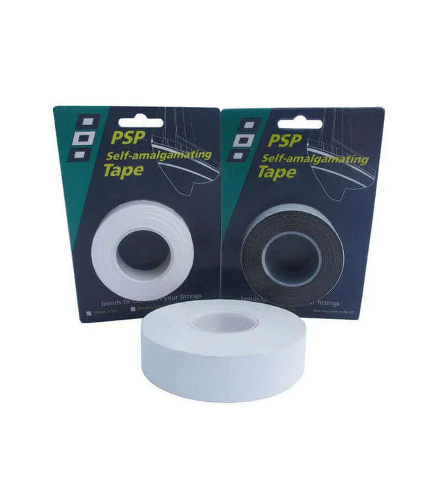 Ruban auto-amalgamant EPR de PSP Marine Tapes, en blanc et noir, pour solutions d'étanchéité efficaces.