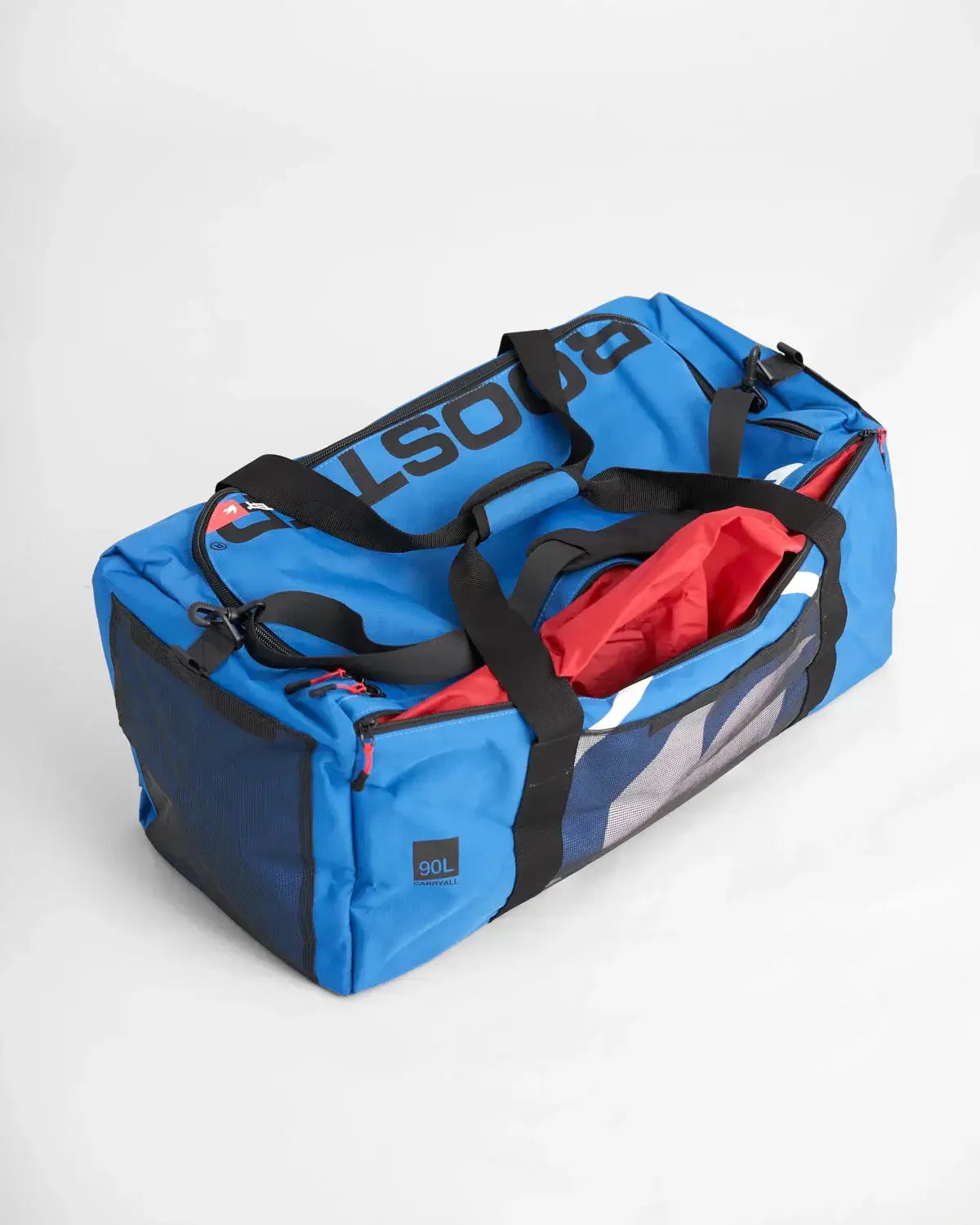 Sac multifonctions 90L en bleu avec compartiment principal et poches intérieures en filet.