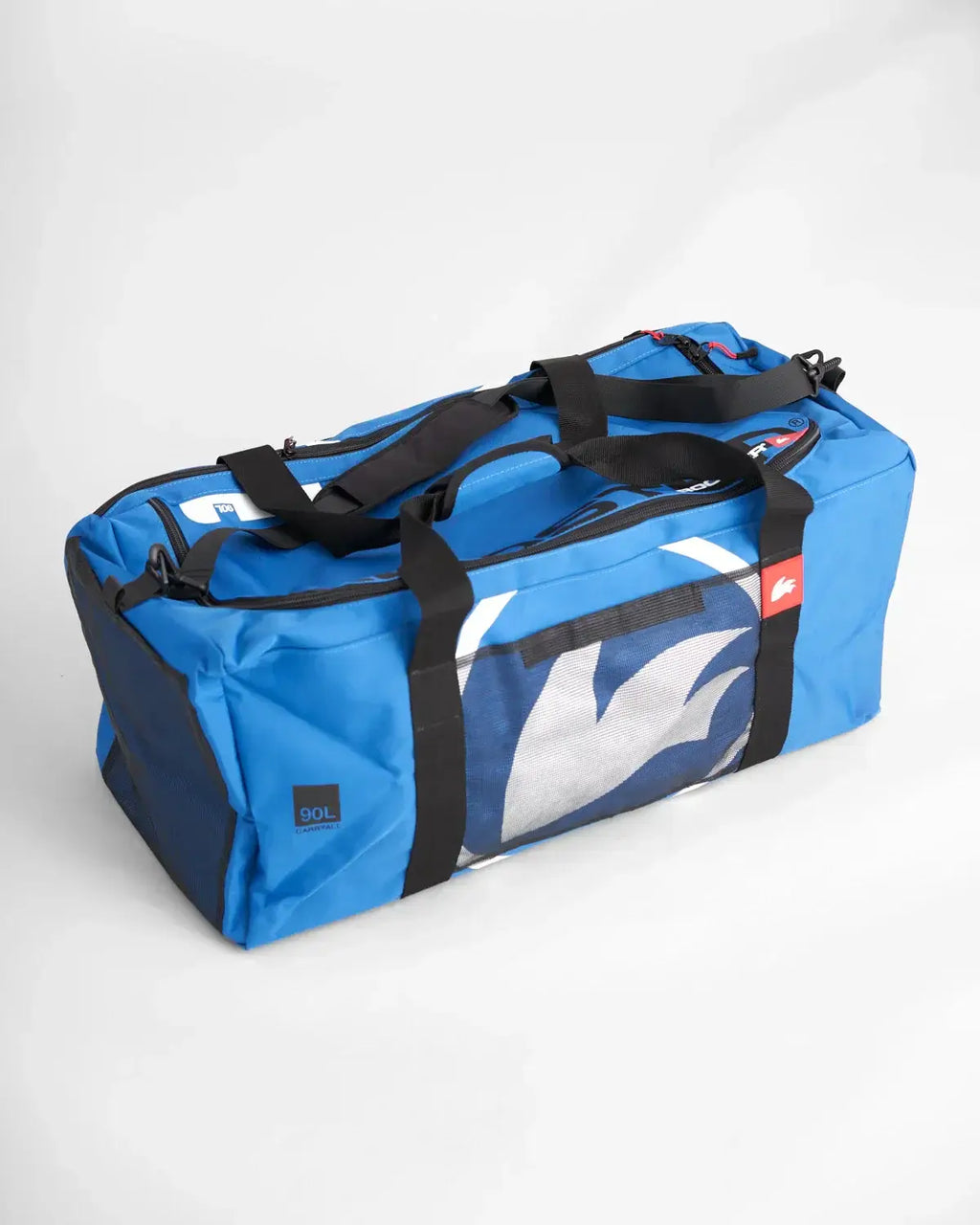 Sac multifonctions 90L en bleu, équipé de bandoulière rembourrée et fermetures éclair robustes.