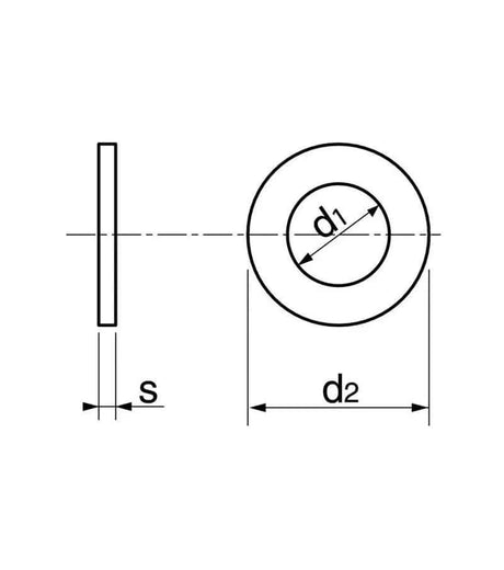 Sachet de 10 rondelles Ø5mm - schéma technique des dimensions avec d1, d2 et s