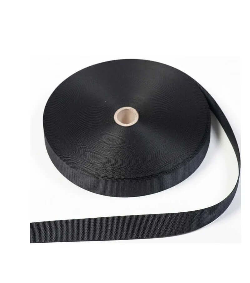 Sangle polyester en rouleau, 25 mm de large, 100 % polyester hautement résistant pour divers usages.