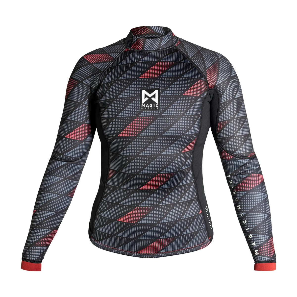 Top Racing Vest Neoprene Summer 3mm Flatlock women, noir et rouge, conception à manches longues, motif géométrique.