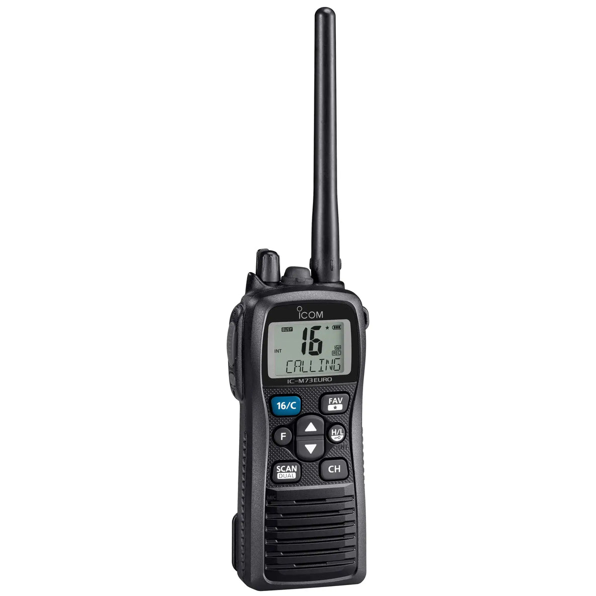 VHF Portable ICOM ICM73 EURO 643 avec écran et antenne, idéal pour une utilisation en milieu marin.