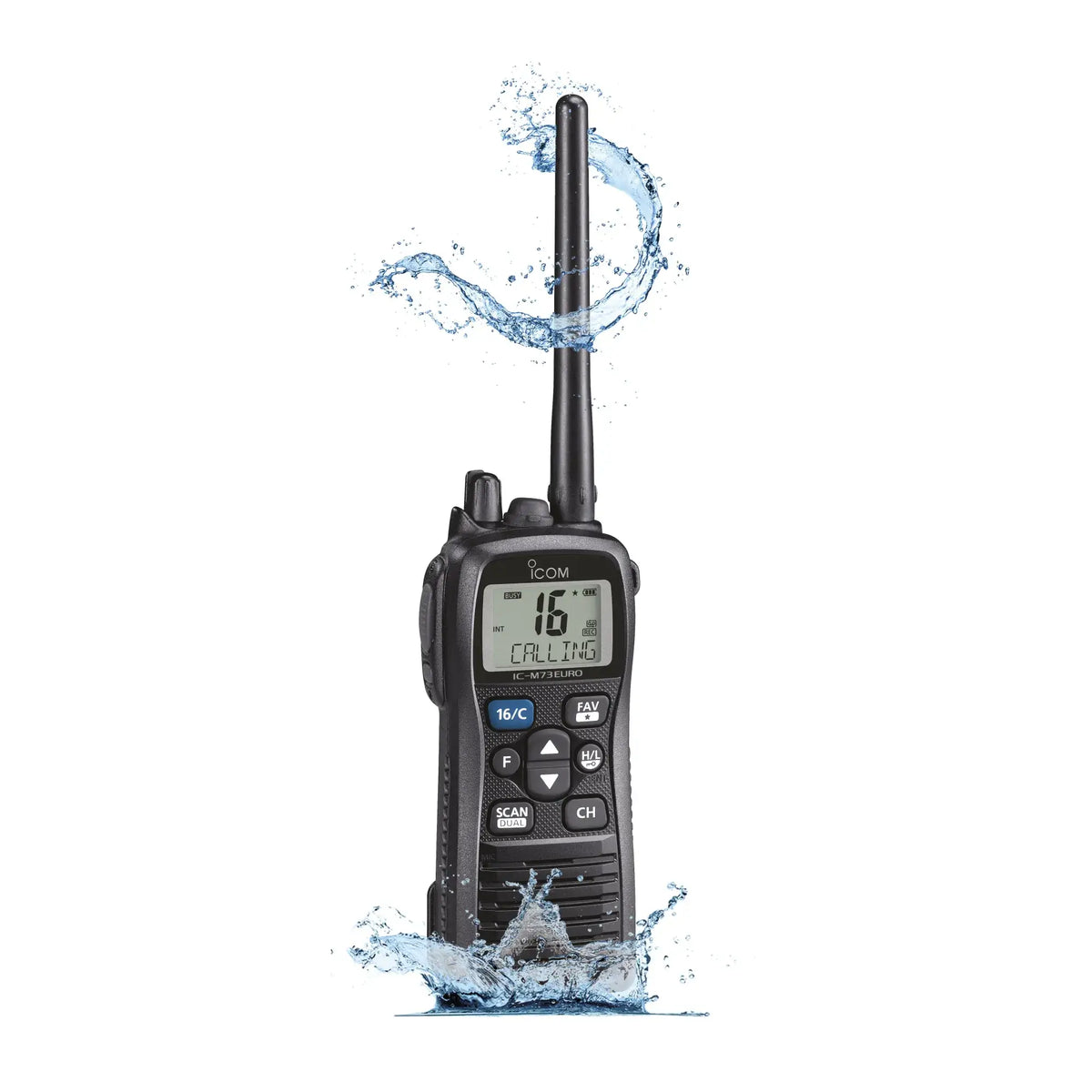 VHF Portable ICOM ICM73 EURO 64 avec étanchéité IPX8 et design ergonomique.