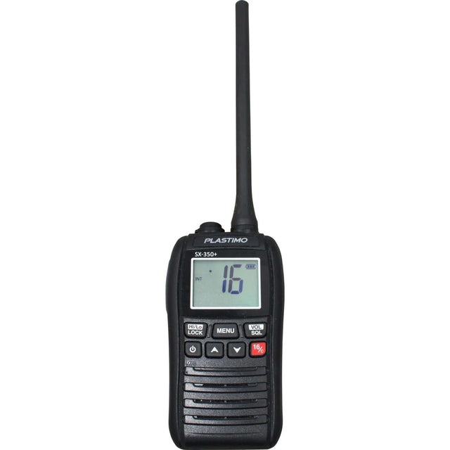 VHF Portable Plastimo SX 350+ avec écran et antenne, appareil VHF étanche et flottant.