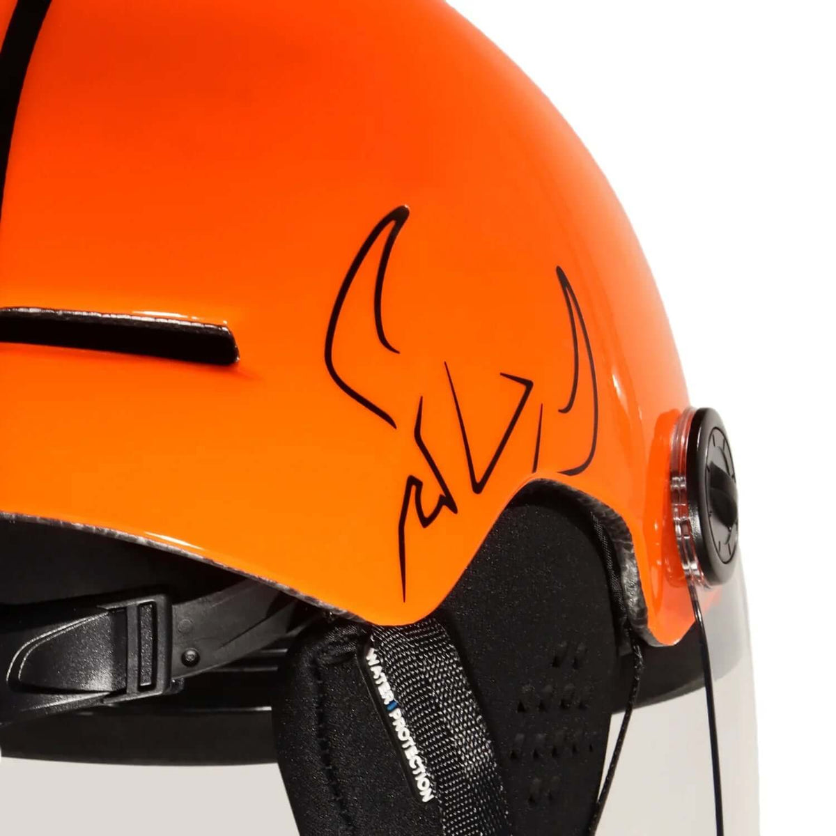 Visière intégrale pour casque X-OVER sur un casque orange avec marquage stylisé.