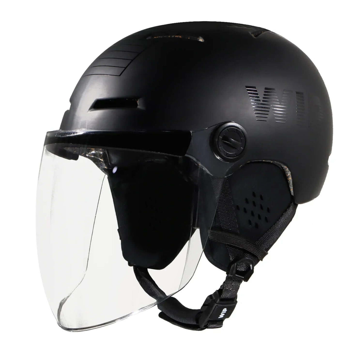 Visière intégrale pour casque X-OVER, casque noir avec visière claire, conception légère et sécurisée.