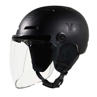 Visière intégrale pour casque X-OVER, casque noir avec visière claire, conception légère et sécurisée.