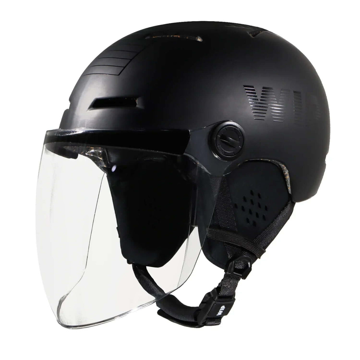 Visière intégrale pour casque X-OVER, casque noir avec visière claire, conception légère et sécurisée.