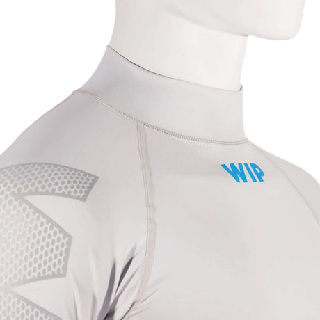 Overtop LONG SLEEVE RASHGUARD GREY featuring a high neck design and WIP logo in blue on a grey background.