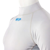 Overtop LONG SLEEVE RASHGUARD GREY close-up of the neck and shoulder area, featuring WIP branding and ergonomic fit.