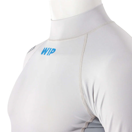 Overtop LONG SLEEVE RASHGUARD GREY close-up of the neck and shoulder area, featuring WIP branding and ergonomic fit.